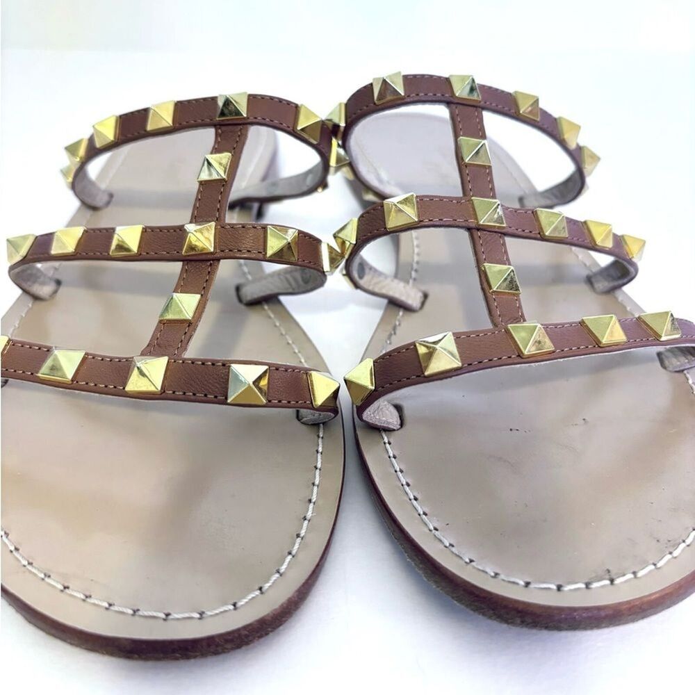 Studded Strappy Tan Leather Sandals Made in Italy Size 39 - Picture 6 of 9